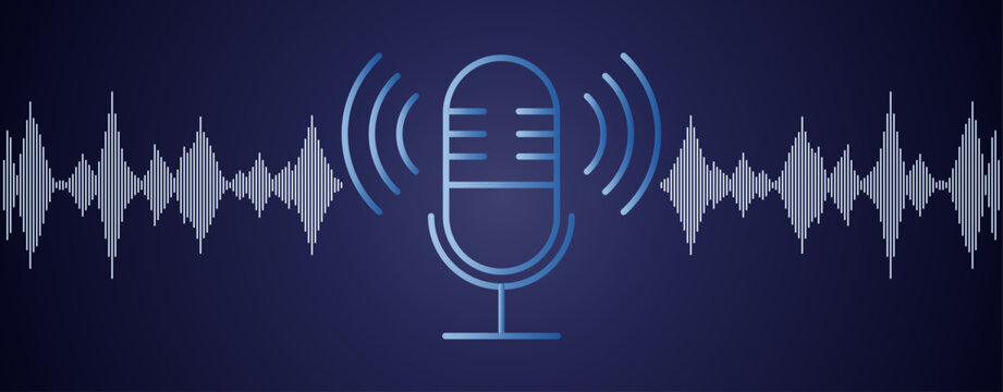 Micr&oacute;fono de estudio de grabaci&oacute;n con ondas de sonido digitales sobre fondo azul oscuro