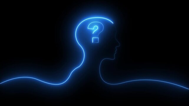 Glowing neon line Human head with question mark icon on black background. Neon glowing question mark with man head icon. Glowing neon couple in love animation.