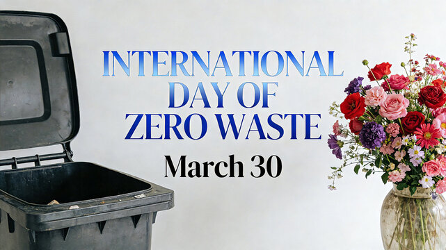 Garbage bins and flowers represent the concept of "reducing waste and embracing beauty" on International Zero Waste Day, and are suitable for environmental public welfare promotional materials.
