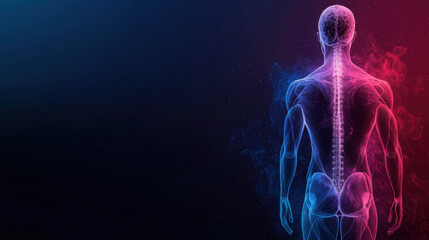 Human body autophagy concept with glowing spine and muscles in blue and pink light showing anatomy and health science