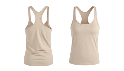 Two views of a beige racerback tank top, front and back, isolated on transparent background