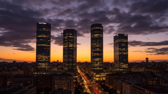 Timelapse of Cuatro Torres business area at sunset in Madrid, Spain