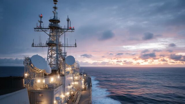 Macro view of naval ship bridge with radar arrays, satellite dishes, and navigation lights on tall masts, calm ocean horizon at sunset, maritime communication systems in sharp focu