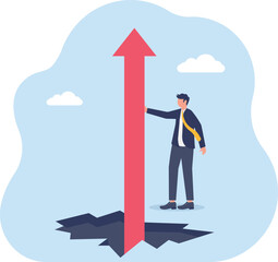 Fototapeta premium Businessman Pushing Large Upward Arrow over Chasm