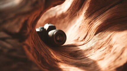 Fototapeta premium Camera Lying Within the Grain of Weathered Wood Surface Macro Close-Up