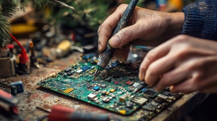 Repairing intricate electronic circuit board with soldering iron for restoration