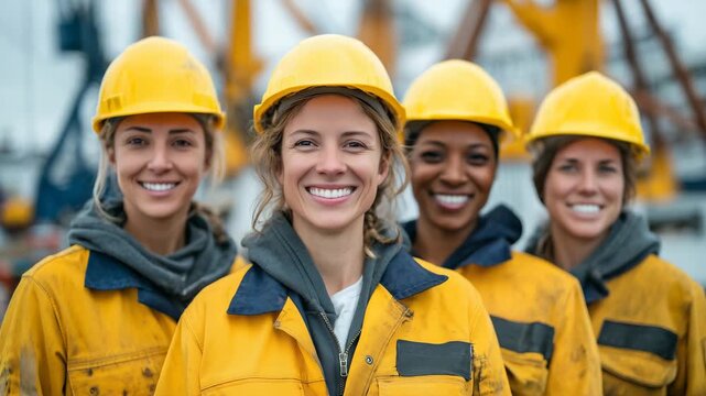 Macro-style close-up of four women outdoors, yellow helmets and high-visibility work clothes, joyful expressions, blurred construction equipment in background, confident profession