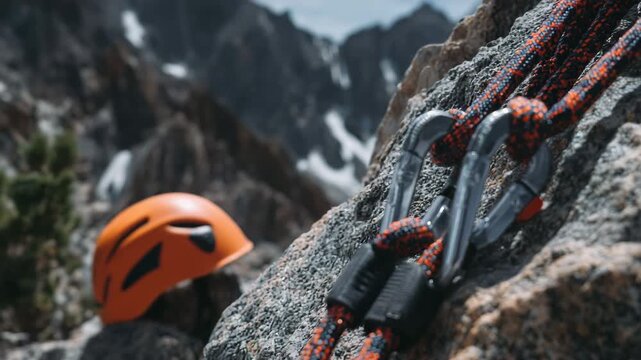 Macro-style close-up of carabiners clipped to colorful climbing ropes, orange helmet resting nearby on grey rock surface, sharp textures and natural light, essential safety gear fo