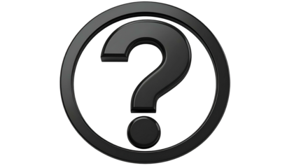 A metallic, shadowed question mark, encircled, on a stark black backdrop