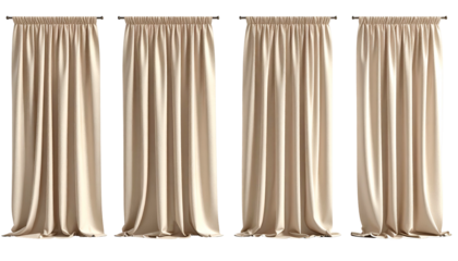 Four beige, floor-length, pleated curtains hang on dark rods against a black background