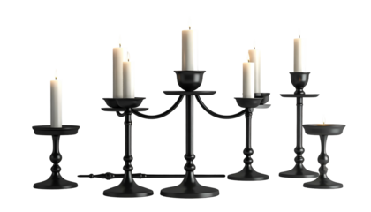 Ornate, black candelabras with lit candles stand against a black background