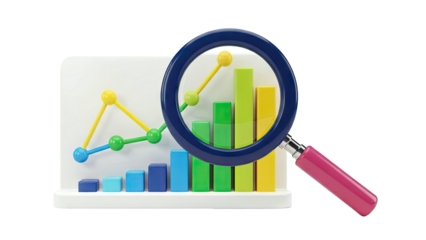 Magnifying Glass Over Bar Chart and Line Graph