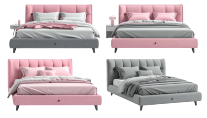 Four stylish bed setups, showcasing varying pink and grey upholstered headboards and linens