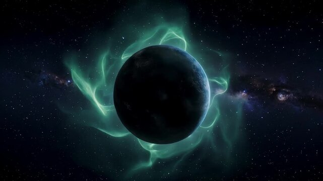A dark planet surrounded by glowing green plasma in outer space with stars and galaxies in the background, possibly for educational or decorative use