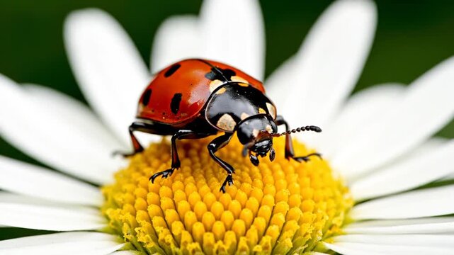 A ladybug on a white daisy flower in a garden with greenery in the background, possibly for nature or insect-themed use