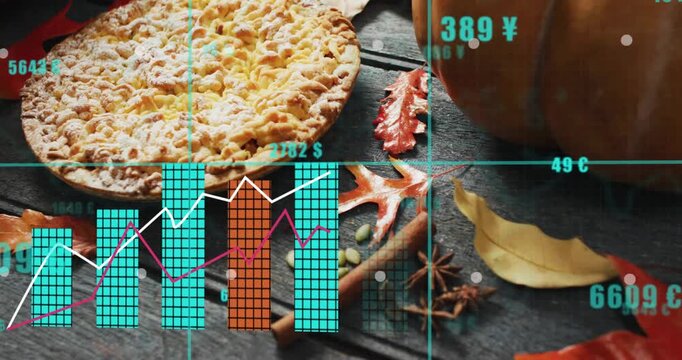 Cyan grid appearing over tabletop triggers bars rising and lines moving visualizing currency trends