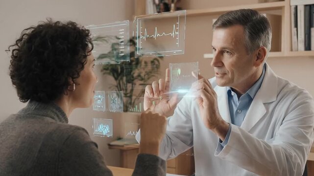 The screenshot shows a doctor interacting with a patient, displaying holographic data in a modern consultation setting. The environment emphasizes the use of advanced technology in healthcare for impr