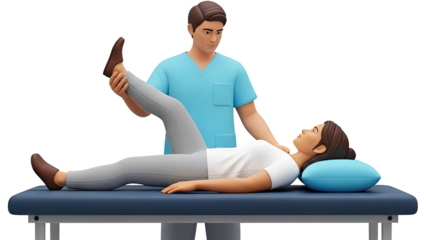 Physical therapist assisting patient with leg extension exercise