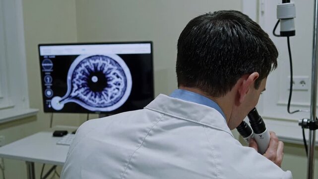 The screenshot features a healthcare professional examining a sample under a microscope, while an X-ray image is displayed on a monitor in the background. This scene illustrates the integration of tec