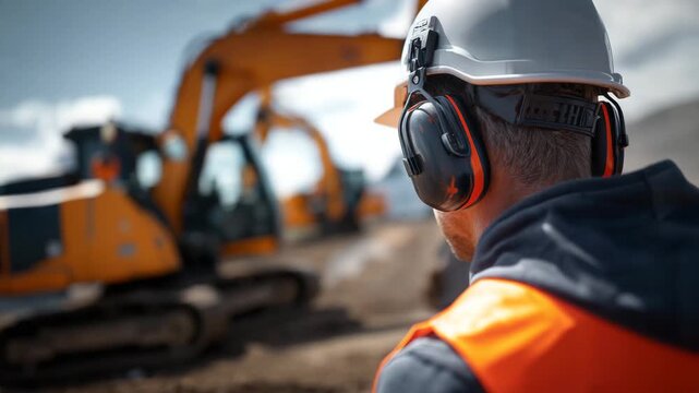 Macro-style close-up of worker&rsquo;s helmet and ear defenders, construction machinery moving in background, dust and sunlight creating dramatic effect, industrial safety focus