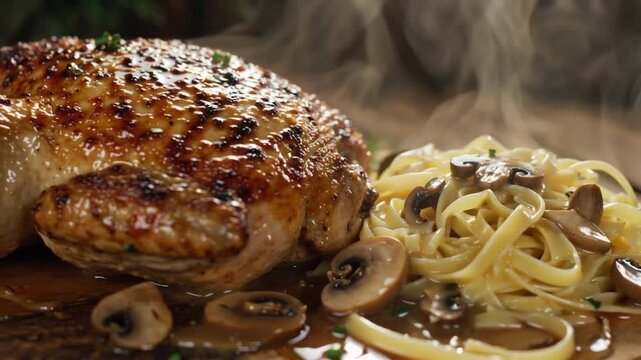 Cinematic close-up of a golden roast chicken next to freshly cooked tagliatelle pasta with morel mushrooms, rustic wooden table, natural morning sunlight filtering from the side, steam rising, glisten