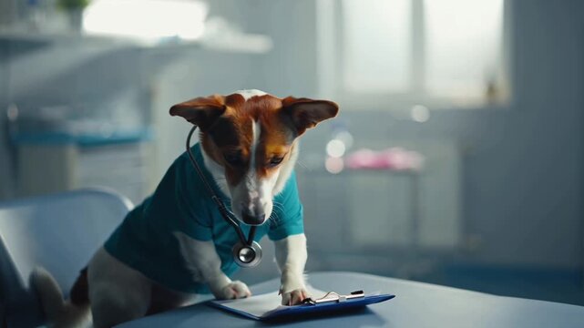 Cinematic close-up video cute medium-sized dog wearing medical scrubs tiny stethoscope, sitting a hospital chair, looking attentively patient chart small clipboard. natural light streams hospital wind