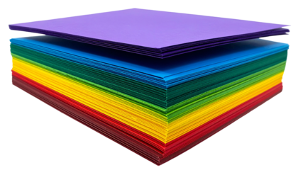 Stack of colorful paper sheets layered in a rainbow spectrum, separated from each other
