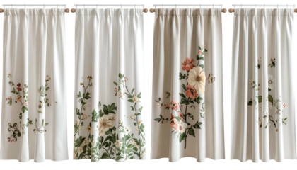 Four off-white curtains, each with floral embellishments near the bottom
