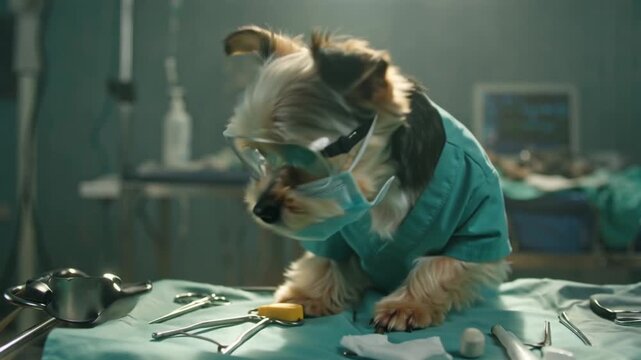 Cinematic close-up video cute medium-sized dog wearing medical scrubs tiny stethoscope, sitting a hospital chair, looking attentively patient chart small clipboard. natural light streams hospital wind
