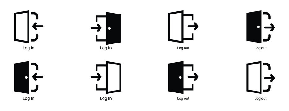 login and logout icon set. Professional login and logout exit icons with solid fill and outline variations for modern digital interfaces and user experience design