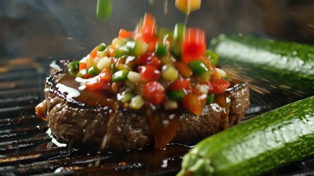close-up of an Argentinian charcoal-grilled beef steak on a rustic grill, thick juicy steak with perfect char marks, sizzling with smoke rising, golden caramelized juices glistening accompanied