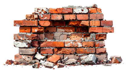 Close-up of a damaged brick wall with a hole, surrounded by broken pieces