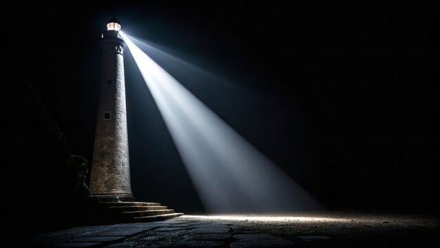 Stone lighthouse beam cutting across dark nighttime environment with light