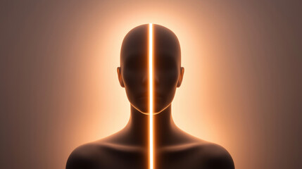 Human silhouette with glowing line and radiant light symbolizing autophagy process and inner transformation in minimal abstract style