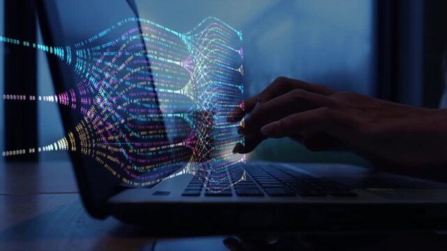 Woman use computers to this video sequence visually depicts an intricate network of glowing lines and particles, the vast flow of information, complex data processing, and interconnected systems

