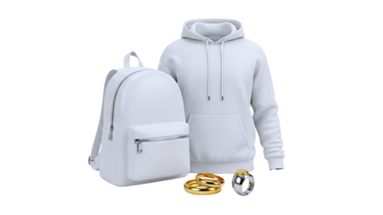 White Backpack, Hoodie, and Rings Display