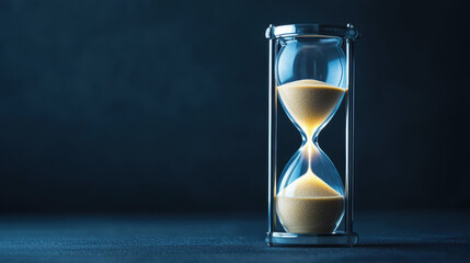 Hourglass sand timer symbolizing autophagy process time management and aging with golden sand in glass container on dark background
