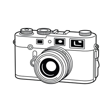 a black and white drawing of a camera with a lens