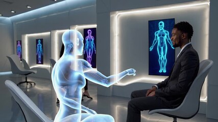 The video features a futuristic medical setting where a patient interacts with a holographic representation of the human body. This innovative technology allows for detailed explanations of medical co