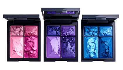 Three open compacts of eyeshadow with varied colors, from pinks to blues