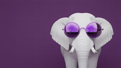 White elephant head with purple sunglasses on a vibrant backdrop for creative design and fun concept.