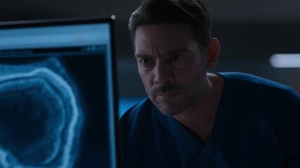 The video features a healthcare professional intently examining an X-ray on a computer monitor. The dimly lit environment adds focus to the screen, emphasizing the critical analysis of medical images 
