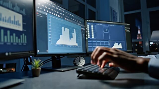 4K cinematic stock video, young businessman working intensely office desk, night time city visible window, multiple monitors blurred spreadsheets charts motion blur hands typing fast, symbolic time