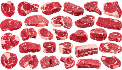 A collage of various cuts of raw red meat, isolated on a black background
