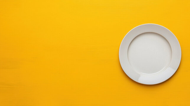 White plate on yellow background, minimal style, empty dish, fasting concept, clean tableware, modern dining, copy space
