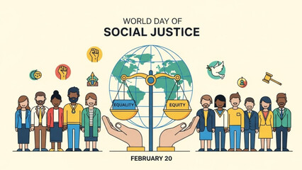 World day of social justice illustration with diverse people globe and scales of justice symbolizing equality and fairness on february 20 promoting unity and human rights