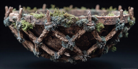 Rustic woven basket adorned with moss and weathered wood, evoking a natural and vintage aesthetic for crafts or decor