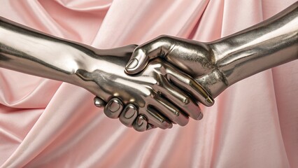 Two metallic hands engaging in a firm agreement clasping against pink fabric.