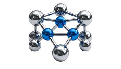 3D-rendered molecular structure with spherical nodes, silver and blue on black