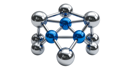 3D-rendered molecular structure with spherical nodes, silver and blue on black